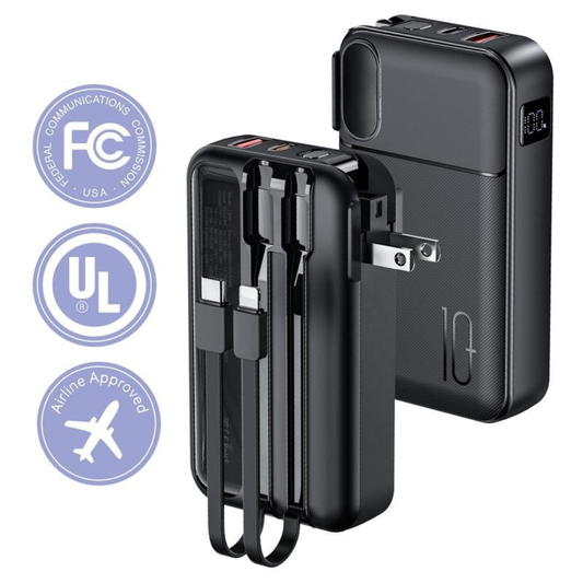 10000mAh Portable Charger with Built-in Cables & AC Wall Plug