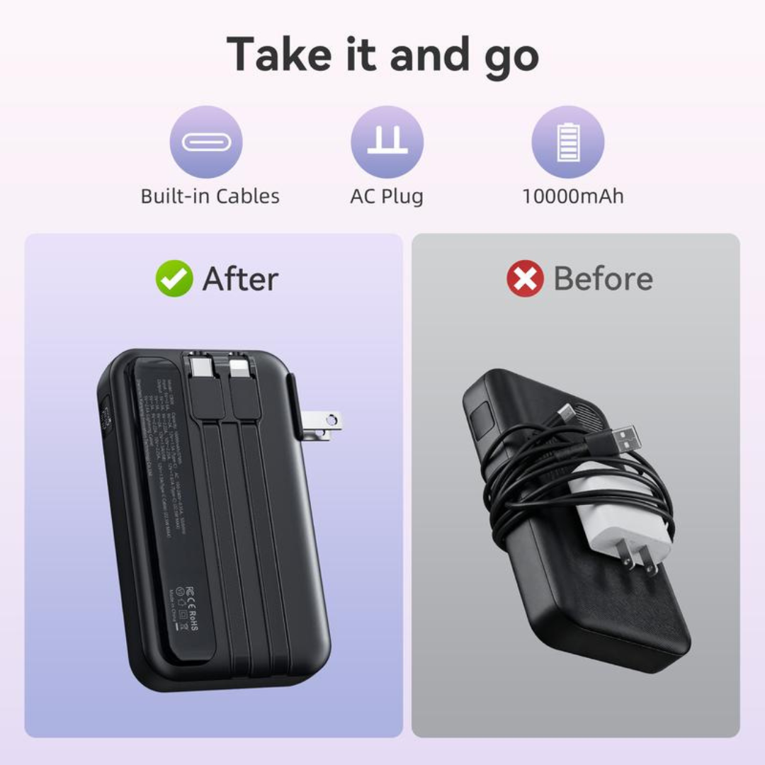 10000mAh Portable Charger with Built-in Cables & AC Wall Plug