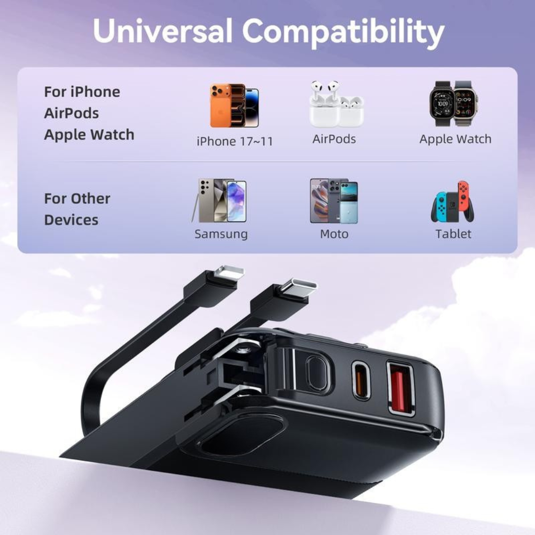 10000mAh Portable Charger with Built-in Cables & AC Wall Plug