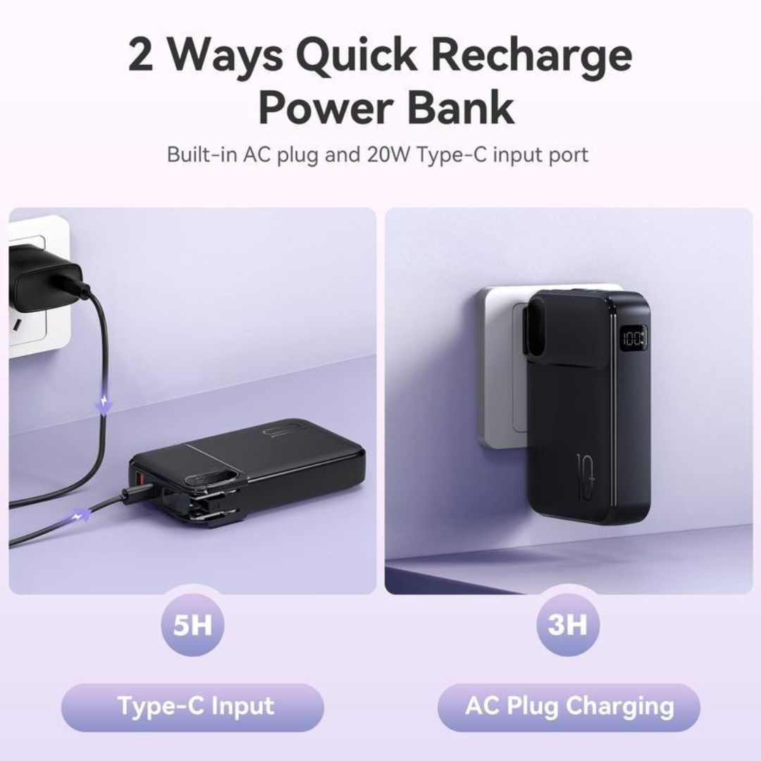 10000mAh Portable Charger with Built-in Cables & AC Wall Plug