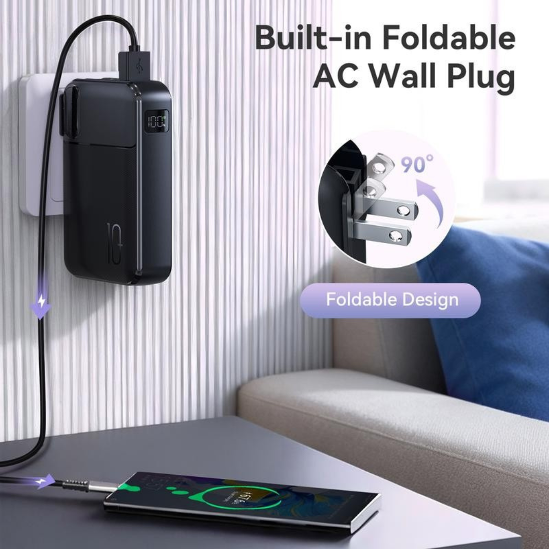 10000mAh Portable Charger with Built-in Cables & AC Wall Plug